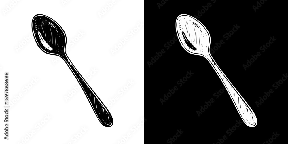 Aufkleber spoon, isolated hand-drawn vector image in two design variants - on transparent and black background