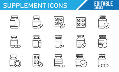 Editable Icon Set Featuring Supplement Bottles and Pills for Health Design

