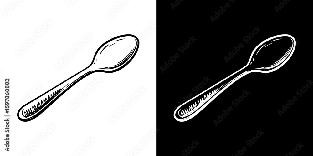 Poster teaspoon, isolated hand-drawn vector image in two design variants - on transparent and black backgro