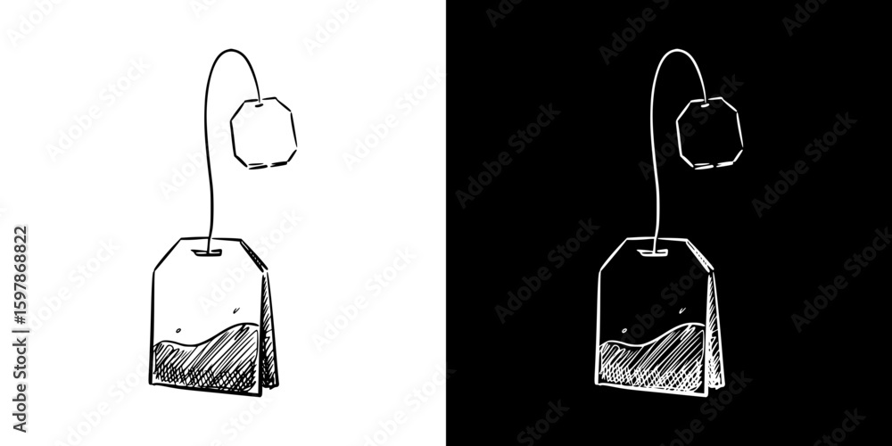 Poster tea bag, isolated hand-drawn vector image in two design variants - on transparent and black backgrou