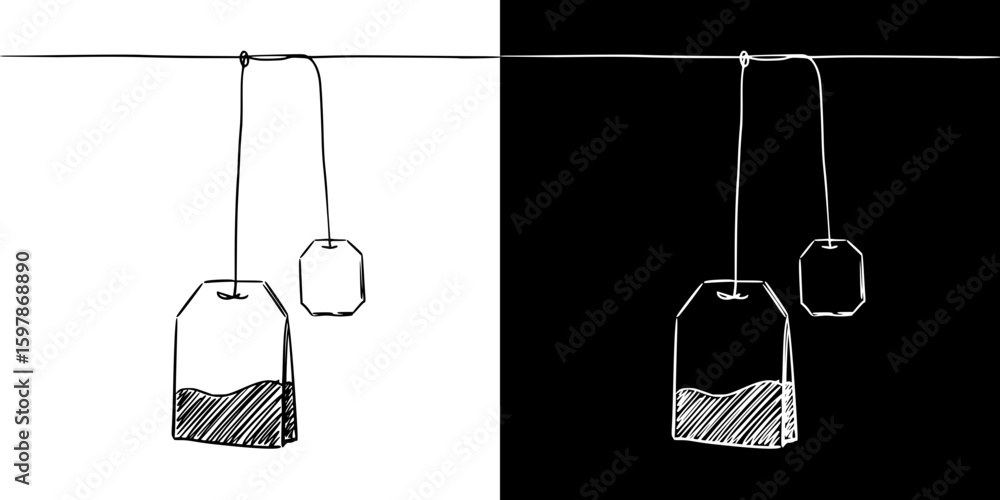 Aufkleber tea bag hanging on a string, isolated hand-drawn vector image in two design variants - on transparen