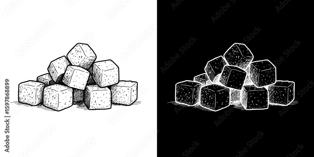 Aufkleber sugar cubes, isolated hand-drawn vector image in two design variants - on transparent and black back