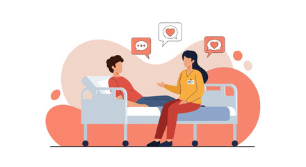 Fototapeta premium Caring Nurse Providing Emotional Support to Patient in Hospital Bed Conversation