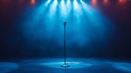 corporate event stage setup with spotlight and microphone, no people, ambitious tone, clean design elements, ultra-detailed, frontal angle
