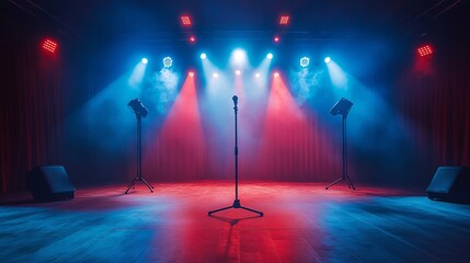 corporate event stage setup with spotlight and microphone, no people, ambitious tone, clean design elements, ultra-detailed, frontal angle