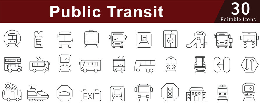 Public Transit Line Icons Set with Editable Stroke for Transportation, Bus, Train, and Urban Mobility