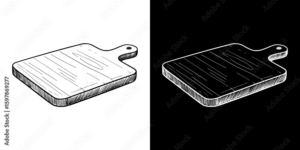 Poster a wooden cutting board, isolated hand-drawn vector image in two design variants - on transparent and