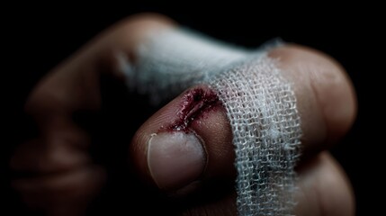 Finger with deep cut being bandaged  close up lighting sharp focus high