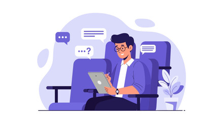 Man With Tablet Writing Ideas In An Empty Theater Hall Illustration