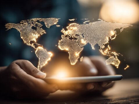 Glowing world map emerging from a digital tablet, symbolizing global connectivity, modern communication, and the power of mobile technology
