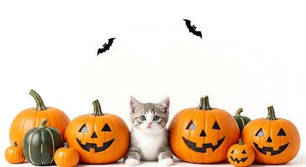 A kitten sitting between jack o lanterns with bats on a white background for halloween season fun