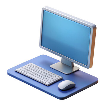 3d desktop computer set with monitor keyboard and mouse isolated on transparent background