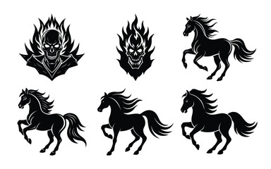 Fototapeta premium Vector art of collection of flaming skulls and running horses