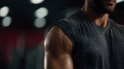 Injured man in a gym setting experiencing shoulder pain