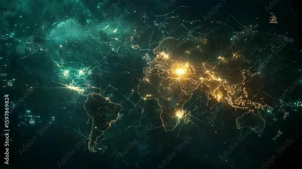 Poster glowing world map with interconnected lines, representing global network and communication.