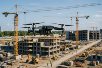 Drone hovering over a construction site with cranes in background
