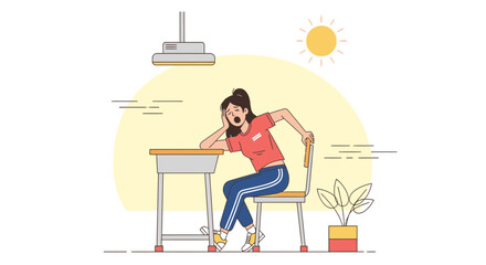 Exhausted Student Slouching At Desk In Classroom During Sunny Day Illustration