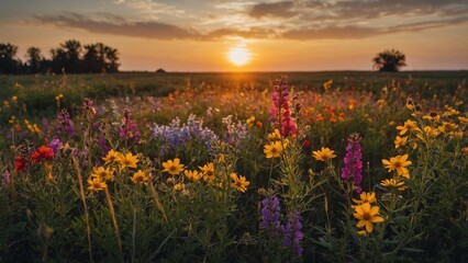 Obraz premium Colorful Wildflowers in a Field at Sunset