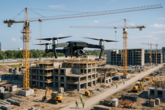 Drone hovering over a construction site with cranes in background