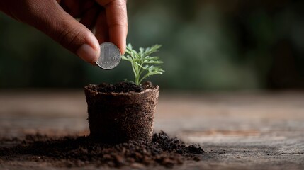 Investing in Growth Nurturing a Plant with a Coin
