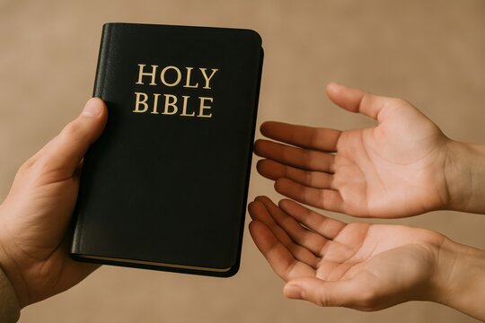 A hand offers a holy bible to another person with open hands - Powered by Adobe