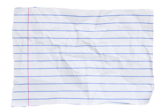 Crumbled lined loose leaf notebook paper ripped rectangle isolated on white