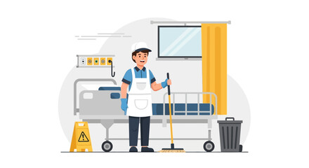 Hospital Room Cleaning Man Uses Mop To Clean With Bed And Equipment