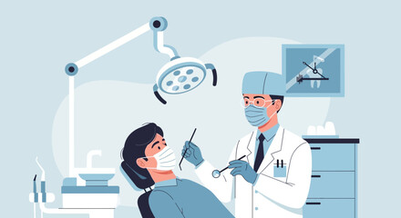 Dental Examination With A Patient Wearing Protective Mask In The Dental Office