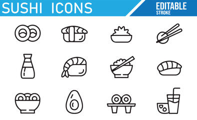 Various Sushi and Japanese Food Icons for Culinary and Restaurant Branding