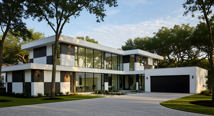 Fototapeta premium Modern house with a black and white checkered facade and large windows surrounded by trees