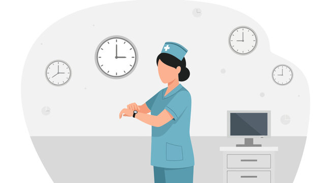 Medical Professional Checking Time In A Busy Hospital Environment Illustration