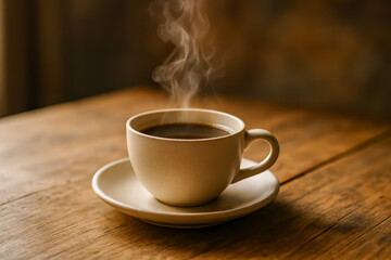 Fototapeta premium Hot cup of coffee with steam on wooden table