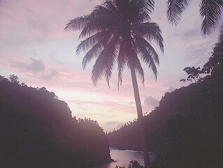 A beautiful tropical sunrise scene with palm trees and water
