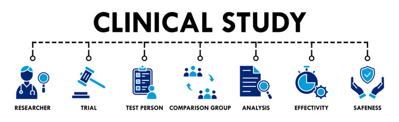 Clinical study banner web icon vector illustration concept for clinical trial research with an icon of researcher, trial, test person, comparison group, analysis, effectivity, and safeness