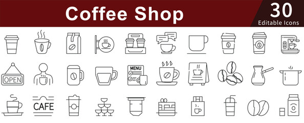 Coffee Shop Line Icons Set with Editable Stroke for Cafe, Espresso, Barista, and Coffee Business