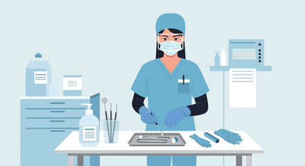 Dental Professional Preparing Instruments For Procedure In Sterile Environment Vector Illustration