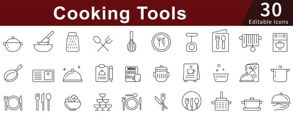 Cooking Tools Line Icons Set with Editable Stroke for Kitchen, Utensils, Chef, and Culinary Equipment