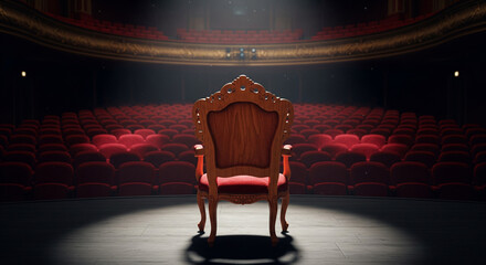 a single wooden chair placed center stage in a grand theater, facing the empty rows of red velvet audience seats.