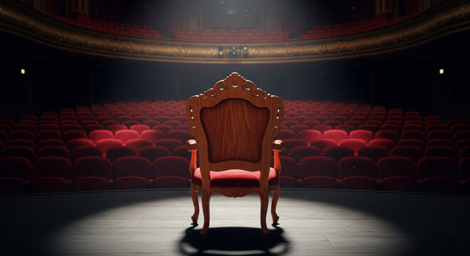 a single wooden chair placed center stage in a grand theater, facing the empty rows of red velvet audience seats. - Powered by Adobe