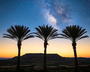 Three palm trees silhouetted beneath a stunning starry night sky