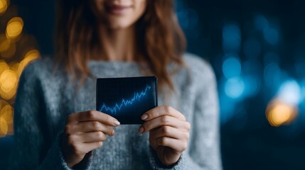 Woman holding digital wallet app with rising crypto graph under modern lighting