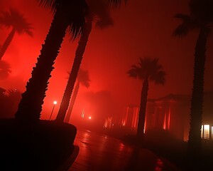 Palm trees stand shrouded in red mist near a building