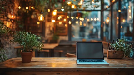 cozy urban cafe with laptop on wooden table, business atmosphere, realistic city background, ambient lighting, lifestyle business aesthetic, candid perspective