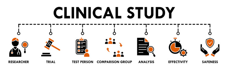 Clinical study banner web icon vector illustration concept for clinical trial research with an icon of researcher, trial, test person, comparison group, analysis, effectivity, and safeness