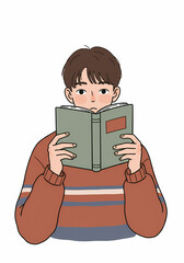 Young boy reading book while holding it close to his face  