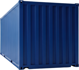 A blue shipping container displayed from a side profile angle isolate cargo container