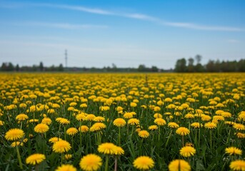 鮮やか黄色タンポポ畑 爽やか春の光広がる風景