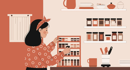 Cheerful Woman Organizing Spice Rack In Cozy Kitchen Environment Illustration