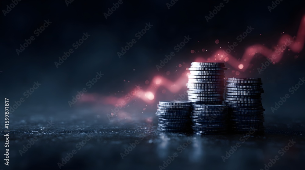 Poster stacks of cryptocurrency coins with futuristic data visualization overlay