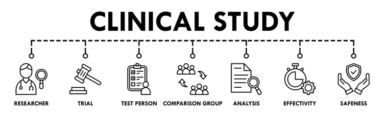 Clinical study banner web icon vector illustration concept for clinical trial research with an icon of researcher, trial, test person, comparison group, analysis, effectivity, and safeness